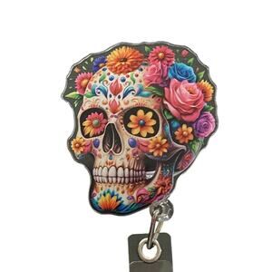 Day of the Dead Skull Retractable ID Badge Snap Holder Clip Teacher Nurse Doctor